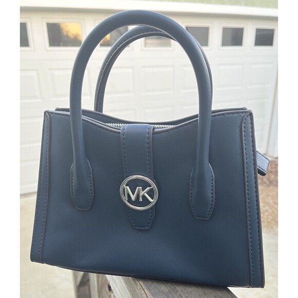 NWT Michael Kors Gabby Small Navy Faux Leather Top Zip Satchel Crossbody Purse - Picture 1 of 9